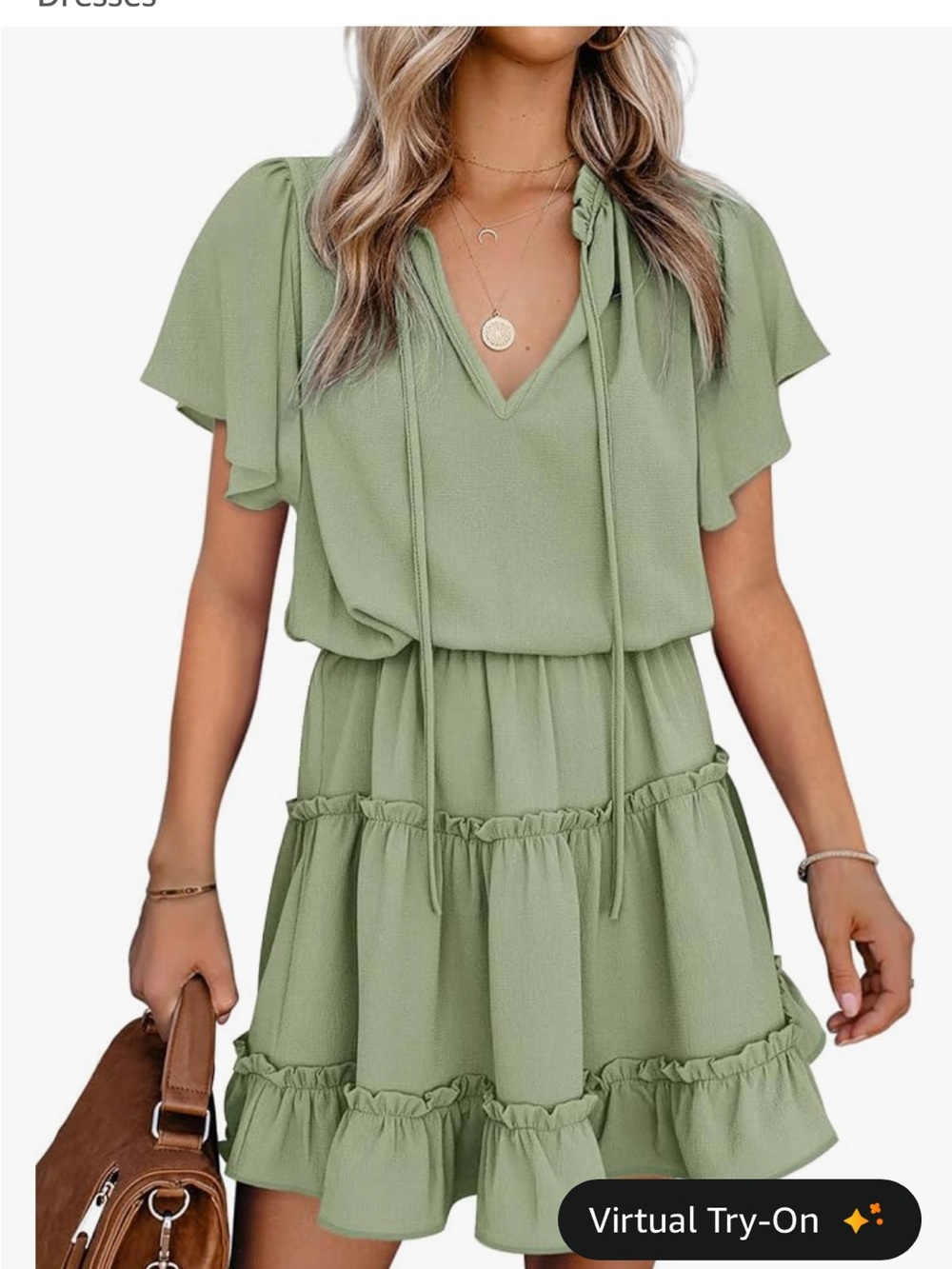 Sage Green Flutter Sleeve Tiered Mini Dress